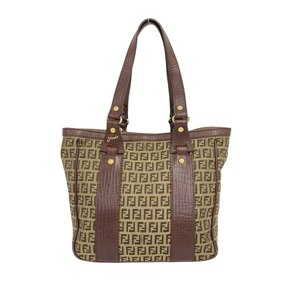 FENDI Vintage Zucchino FF Pattern Canvas Leather Tote Bag Handbag Brown 61048